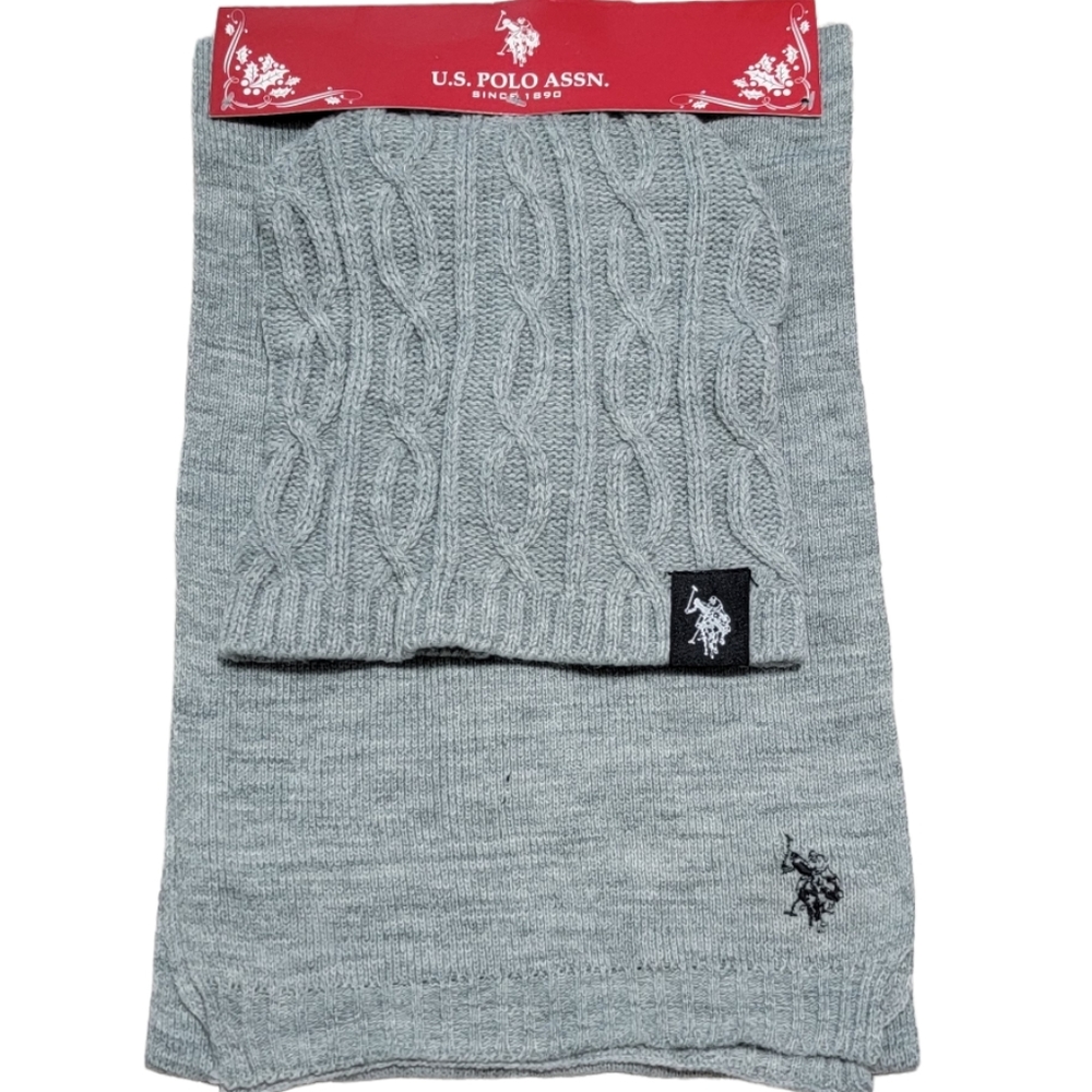 US Polo Assn. Gray Scarf & Beanie Hat Set One Size